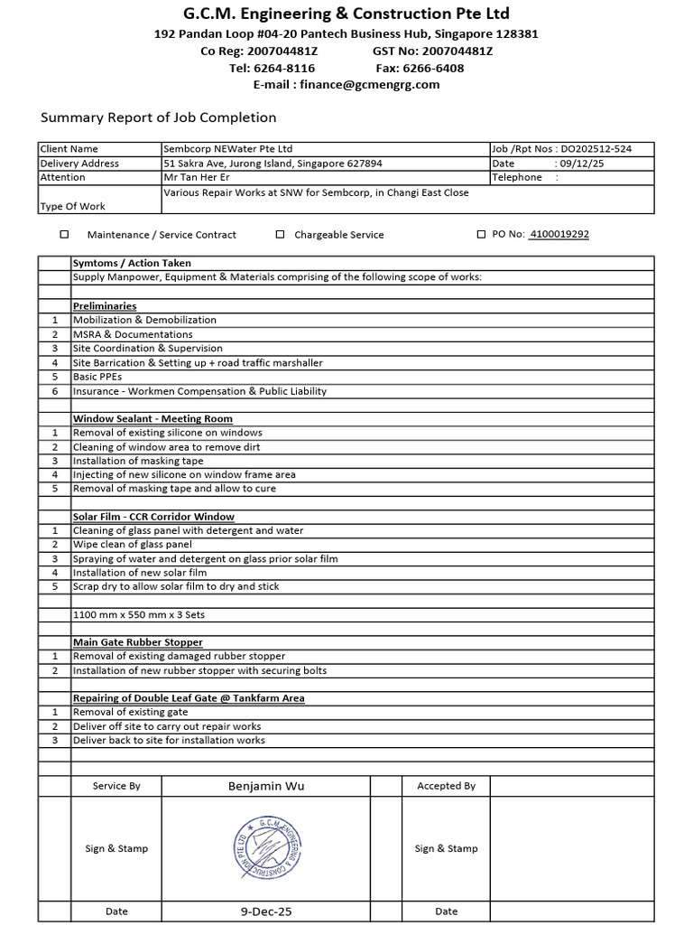 Completion Form - Various Repair Works at SNW For Sembcorp, in Changi ...