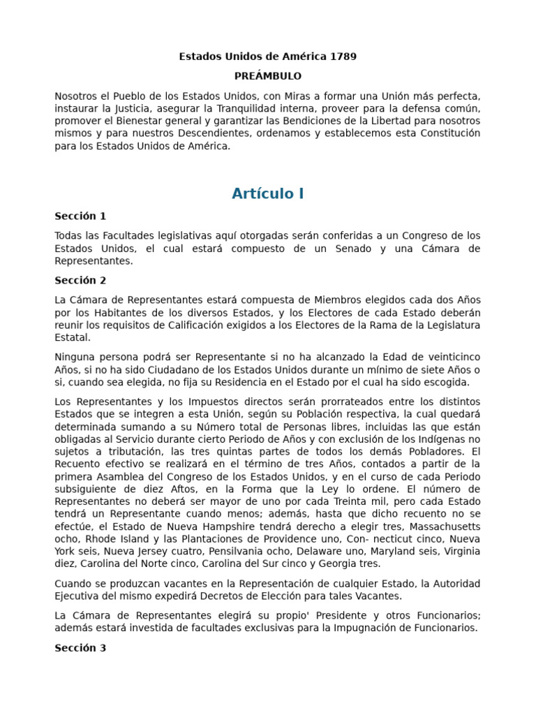 Const Estados Unidos de América 1789 | PDF | Presidentes de los Estados ...