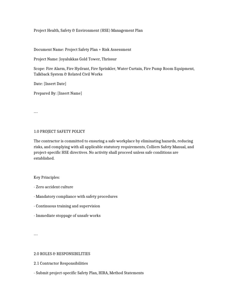 HSE Management Plan for Joyalukkas Project | PDF | Occupational Safety ...