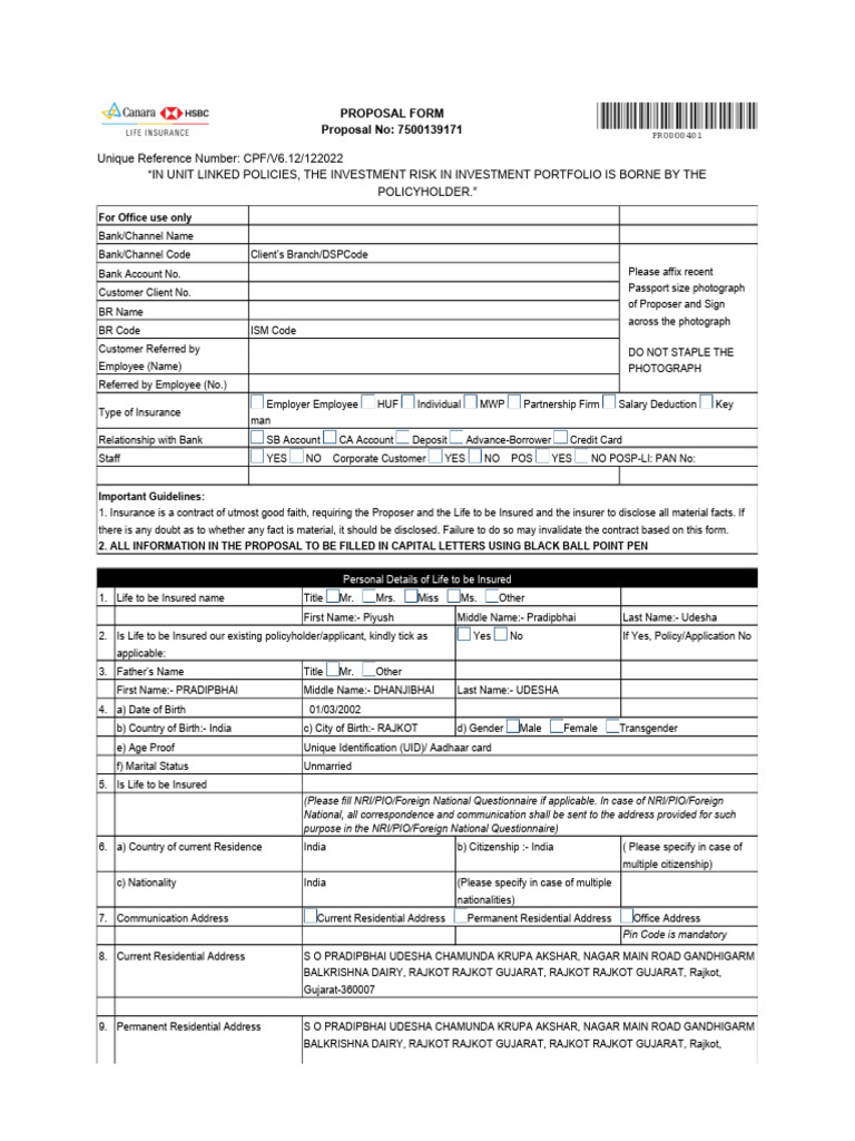 Life Insurance Application Form Details | PDF | Insurance | Life Annuity