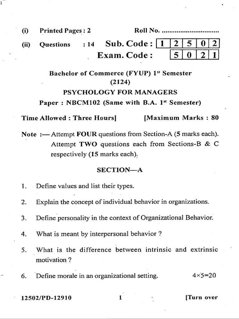 BCom FYUP 1st Sem NBCM102 Psychology For Managers December 2024 | PDF