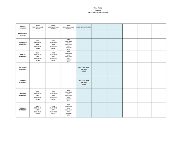 Primus Class Schedule: Dec 3-9, 2025 | PDF
