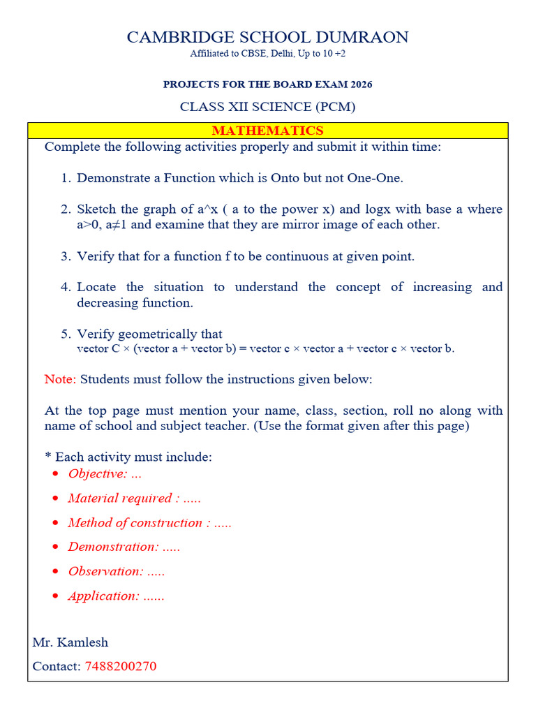 Class XII Mathematics Projects 2026 | PDF