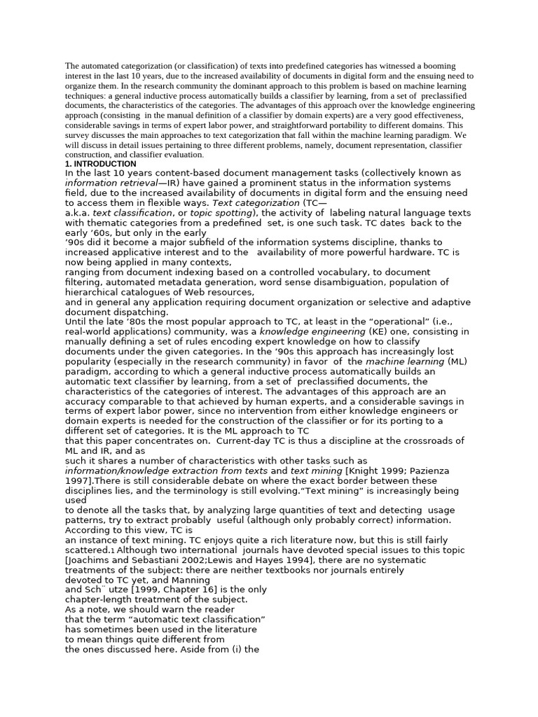Machine Learning in Text Categorization | PDF | Statistical ...