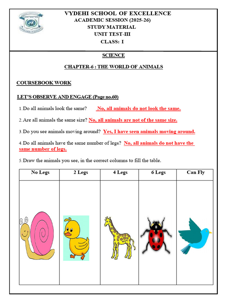 Class 1 Science Study Material: Animals | PDF | Vegetables | Foods