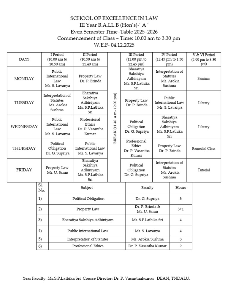 2025-2026 Law Course Timetable | PDF | Educational Stages