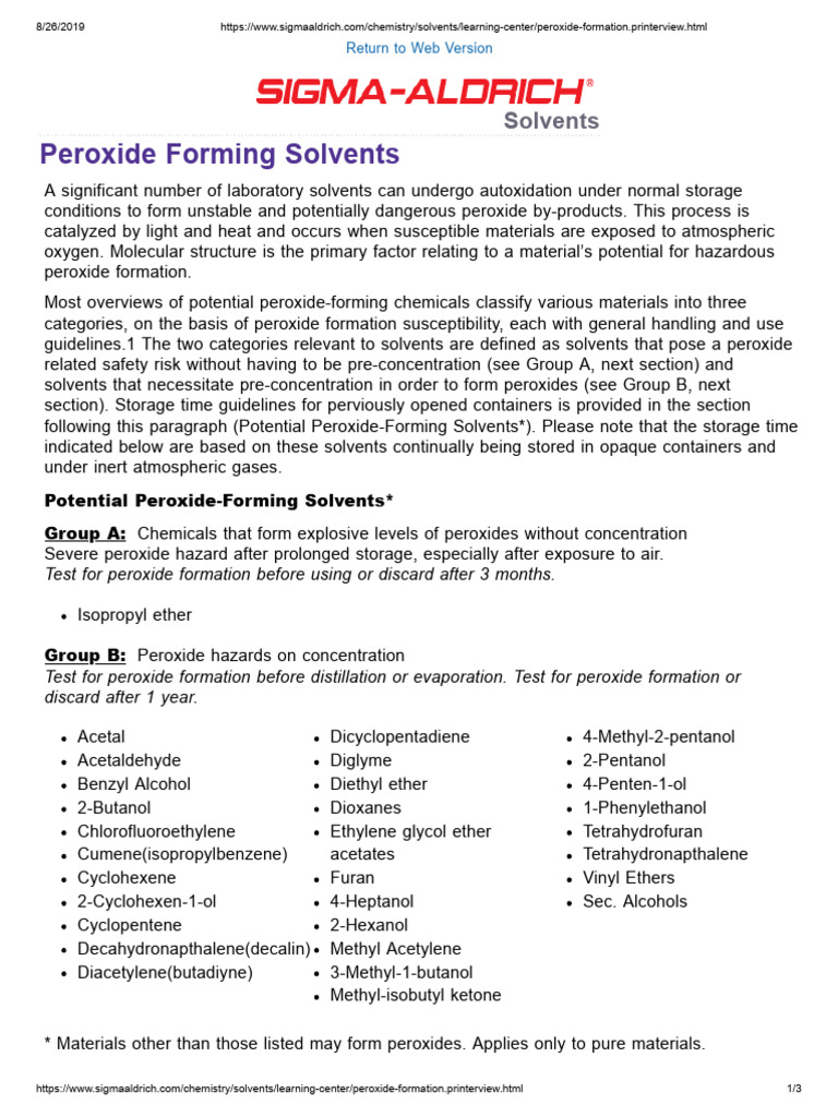 Peroxide-Forming Solvents Guide | PDF | Solvent | Hydrogen Peroxide