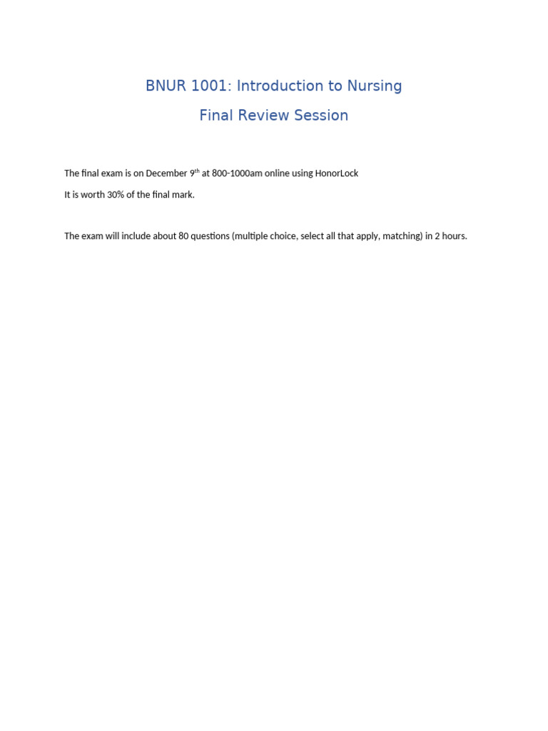 BNUR 1001 Nursing Final Review Guide | PDF | Nursing | Critical Thinking