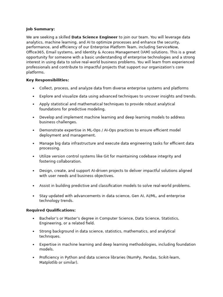 DataScience Engineer-JD Band4 | PDF | Machine Learning | Data Science