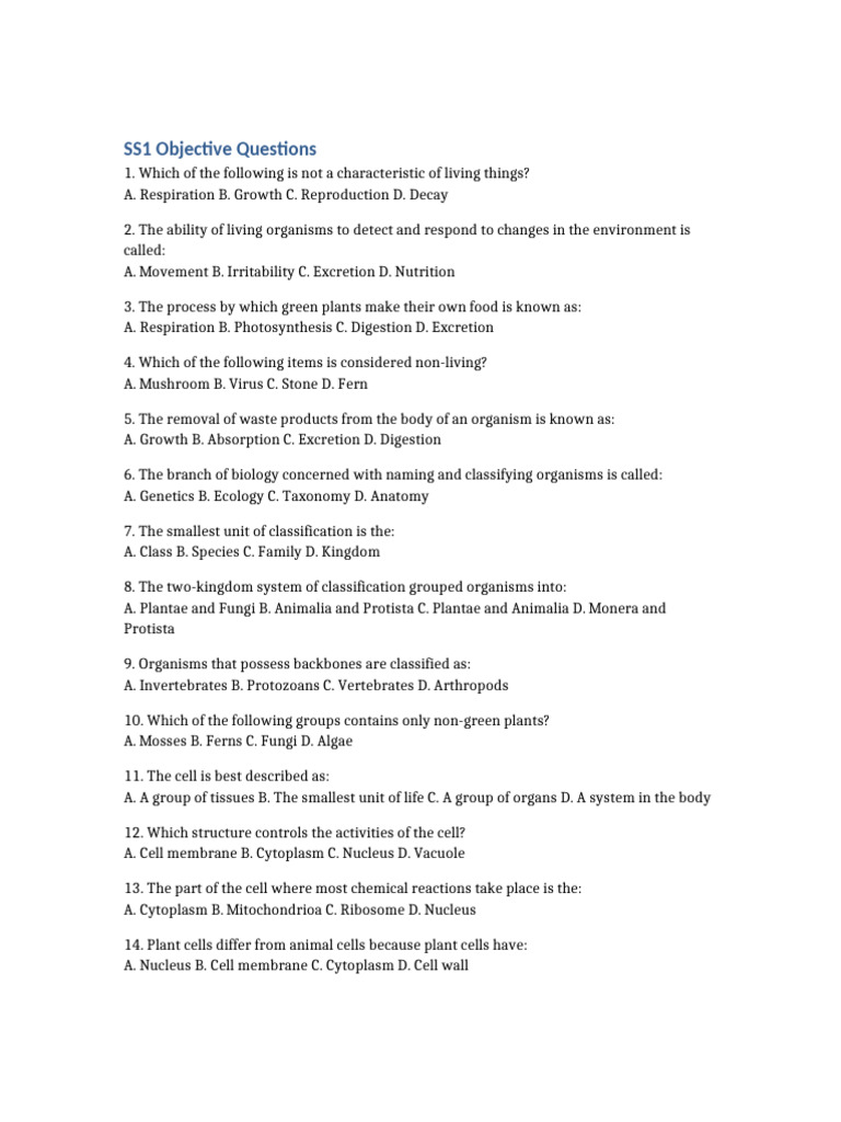 SS1 Biology Objective Questions | PDF | Cell (Biology) | Osmosis