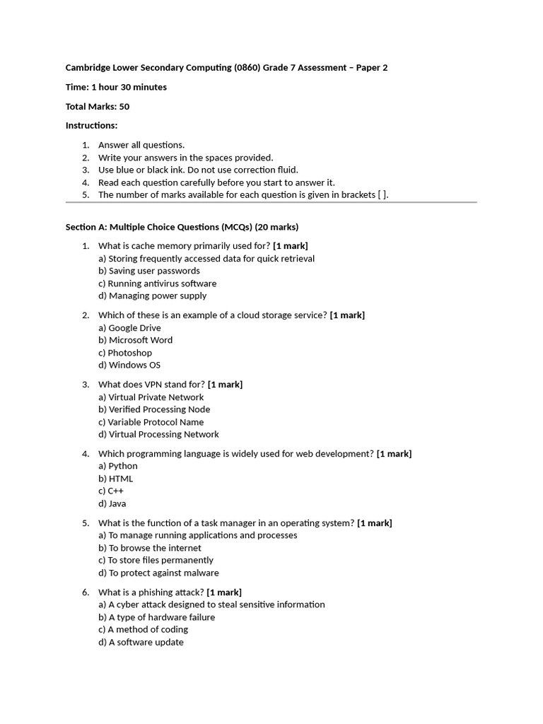 Grade 7 Computing Assessment Paper 2 | PDF | Computer Network | Malware
