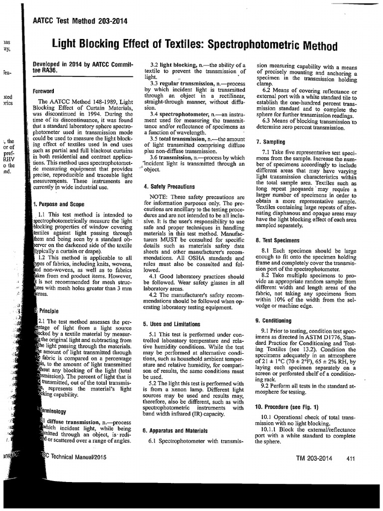AATCC 203-2014 Light Blocking Test | PDF