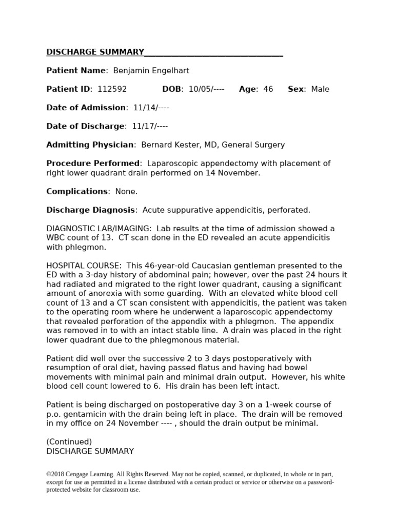 Discharge Summary: Laparoscopic Appendectomy | PDF | Medical ...