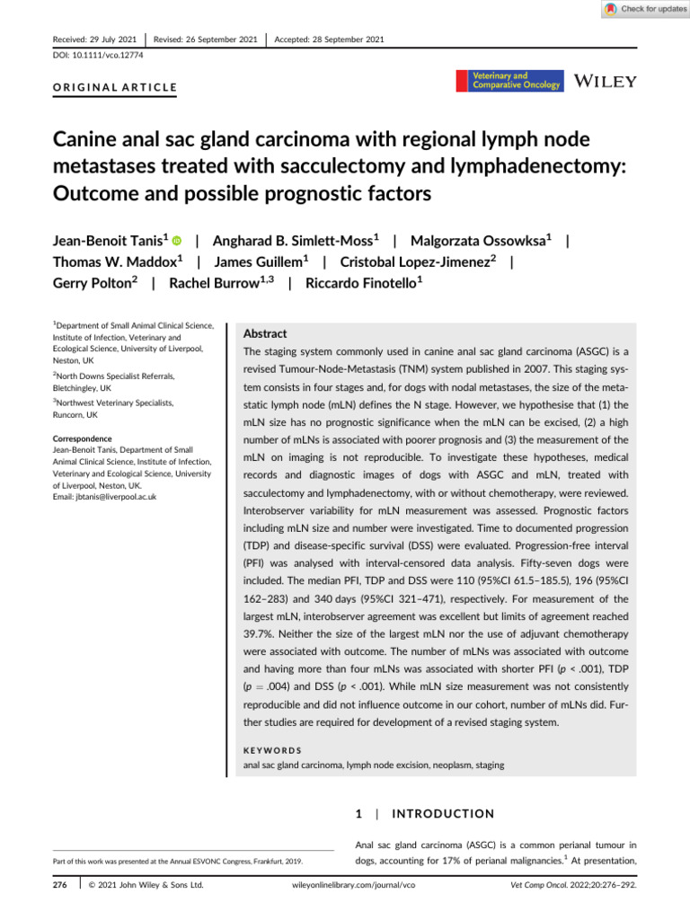 Tanis 2021 Vet Comparative Oncology - Tanis Canine Anal Sac Gland ...