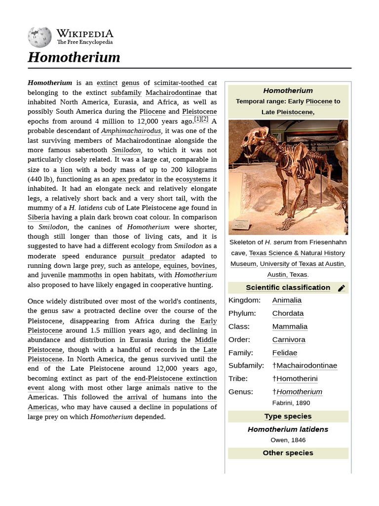 Extinct Scimitar-Toothed Cat: Homotherium | PDF