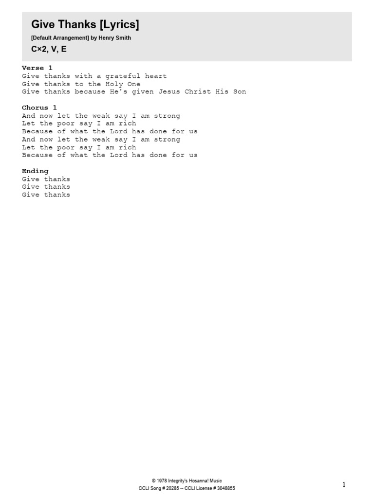 Give Thanks Lyrics by Henry Smith | PDF