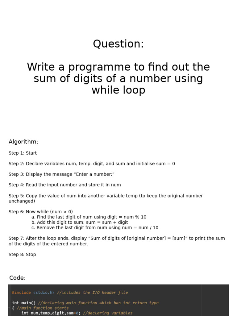 Sum of Digits Using While Loop in C | PDF