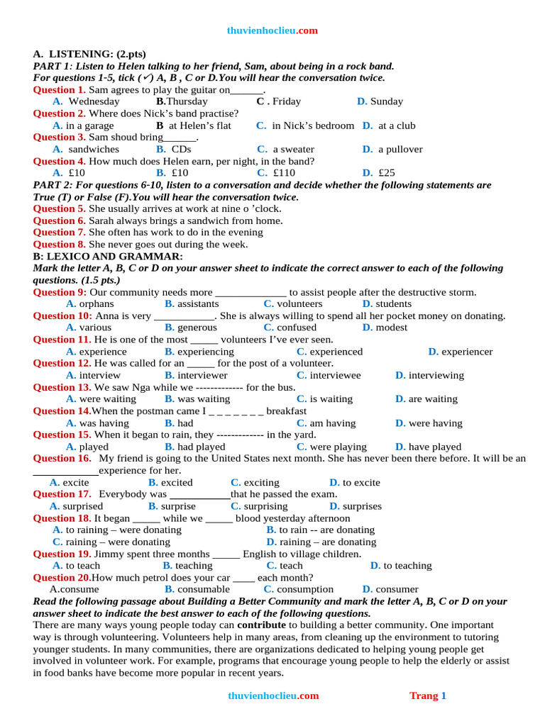 Listening and Grammar Practice Test | PDF | Volunteering