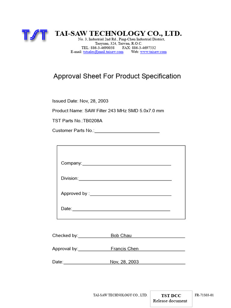 SAW Filter Specification 243 MHz SMD | PDF | Electrical Engineering ...