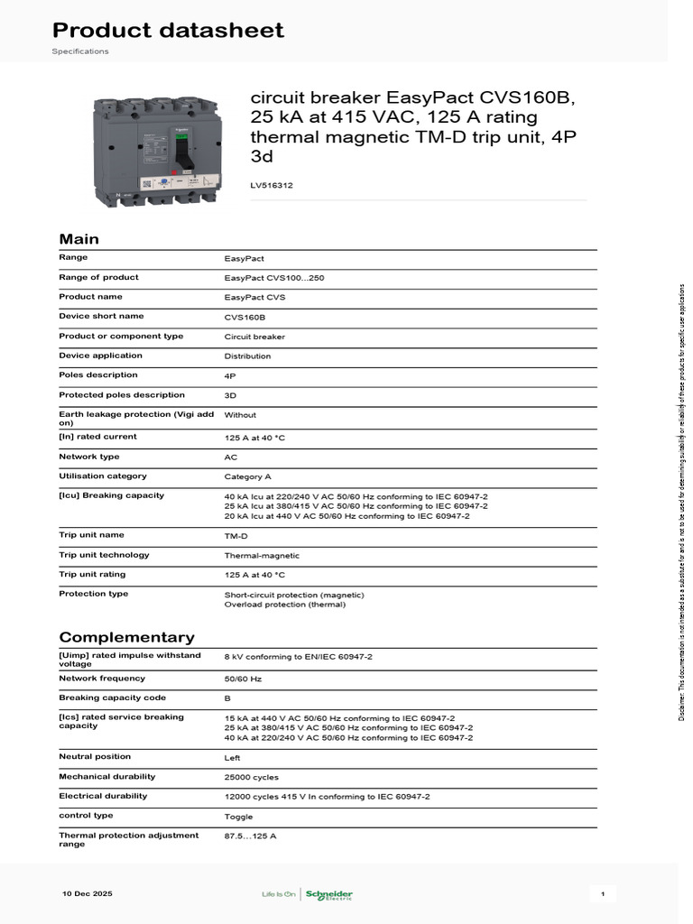 EasyPact CVS160B Circuit Breaker Specs | PDF | Alternating Current ...