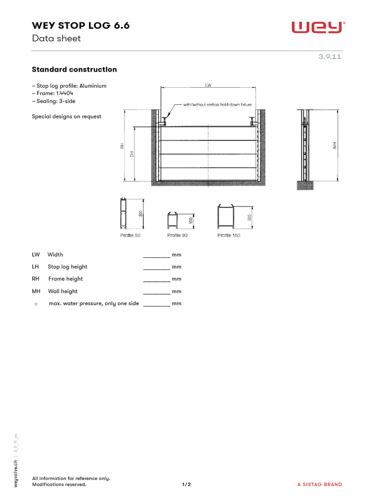 WEY Stop Log 6.6 Data Sheet | PDF