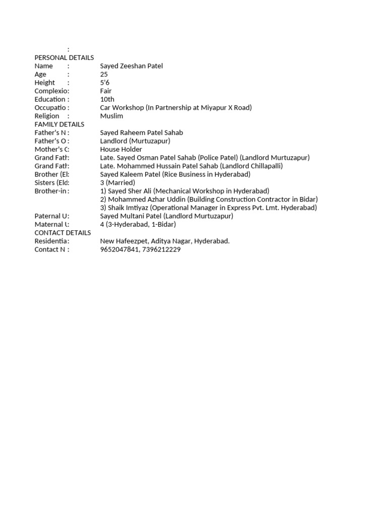 Personal Profile of Sayed Zeeshan Patel | PDF