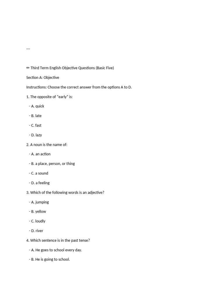 Third Term English Objective Quiz | PDF