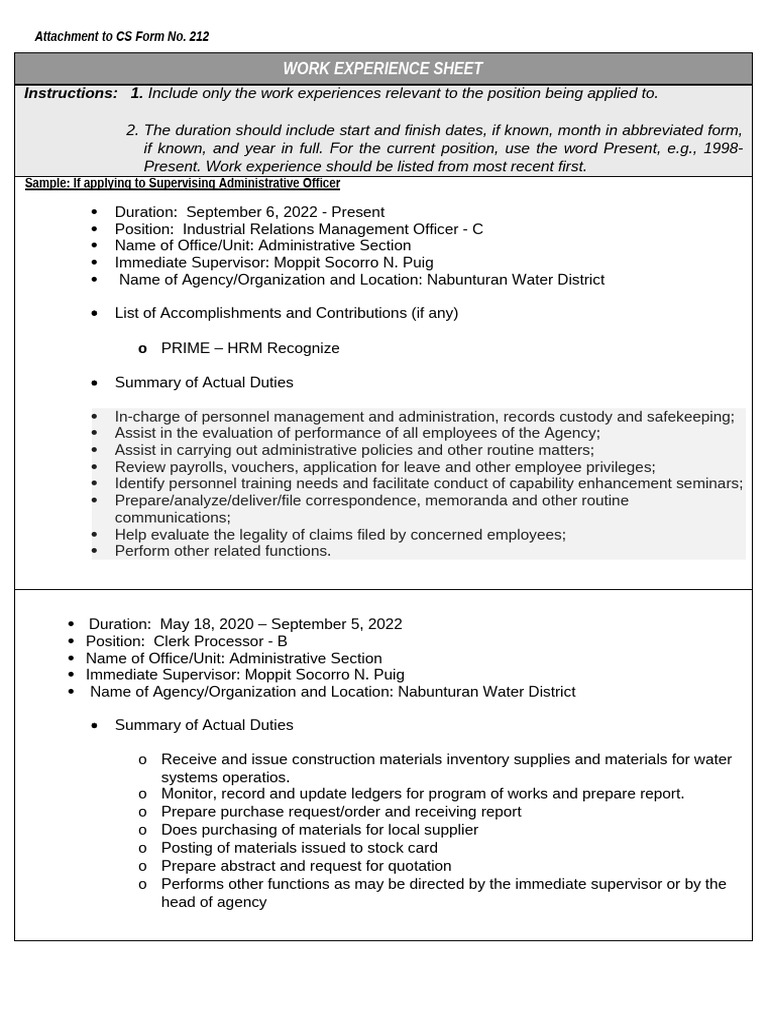 CS Form No. 212 Attachment - Work Experience Sheet (1) | PDF | Business