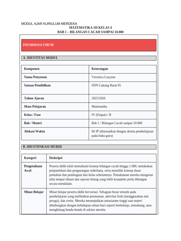 Modul Ajar Matematika SD Kelas 4 | PDF