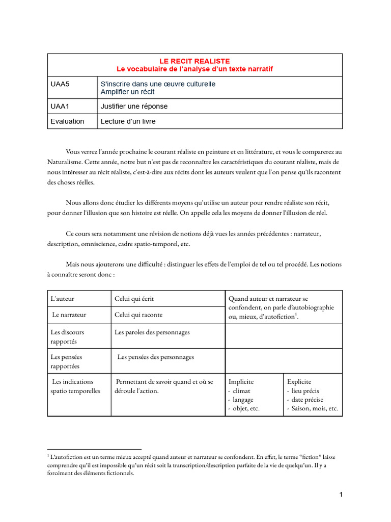 Analyse du récit réaliste en littérature | PDF