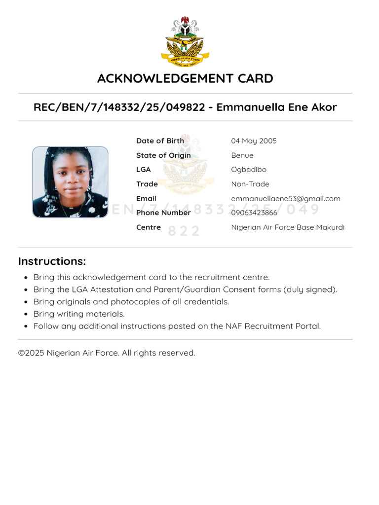 Nigerian Air Force Acknowledgement Card | PDF