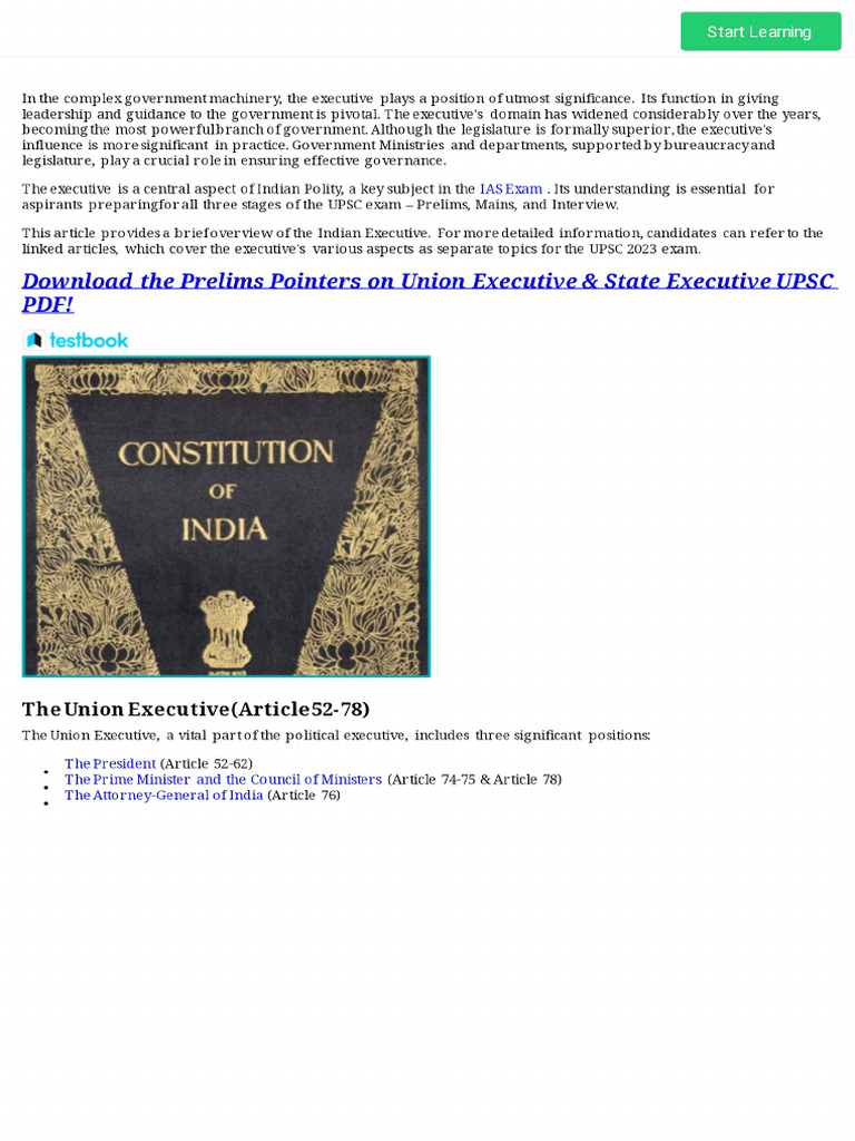 Union Executive (Articles 52-78) & State Executive (Articles 153-167 ...