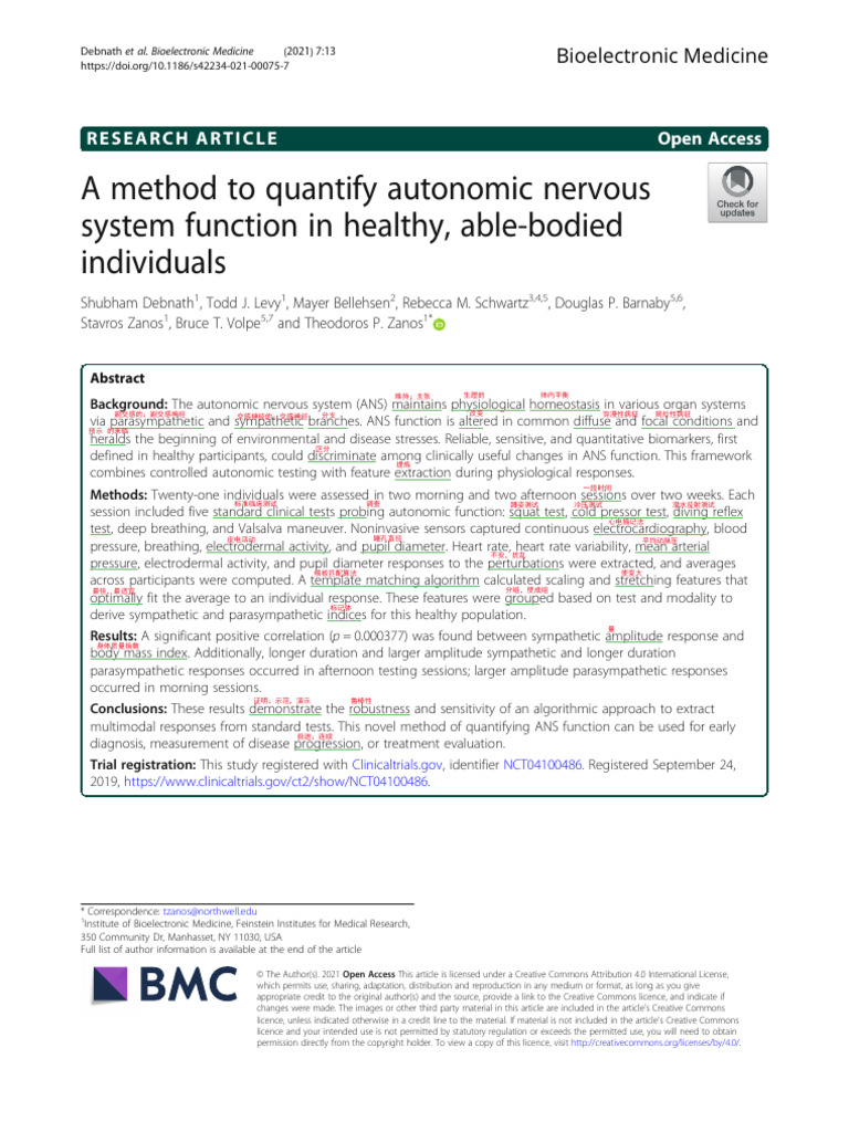 A Method To Quantify Autonomic Nervous System Function in Healthy, Able ...