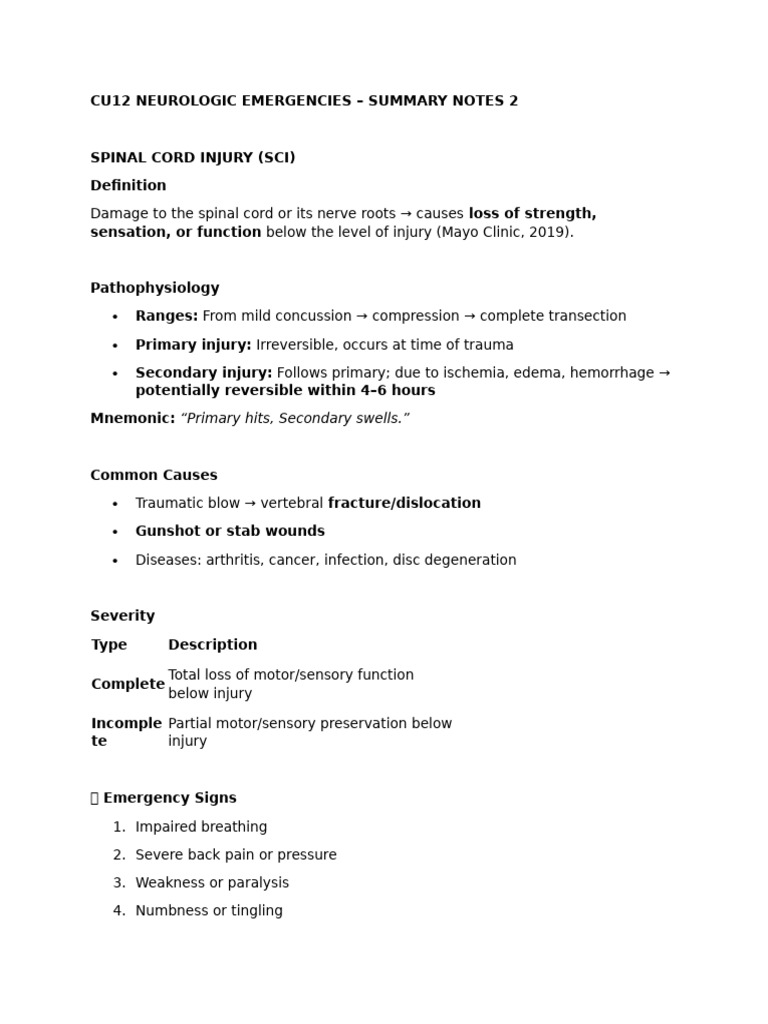 Neurologic Emergencies Overview | PDF | Spinal Cord Injury | Diseases ...