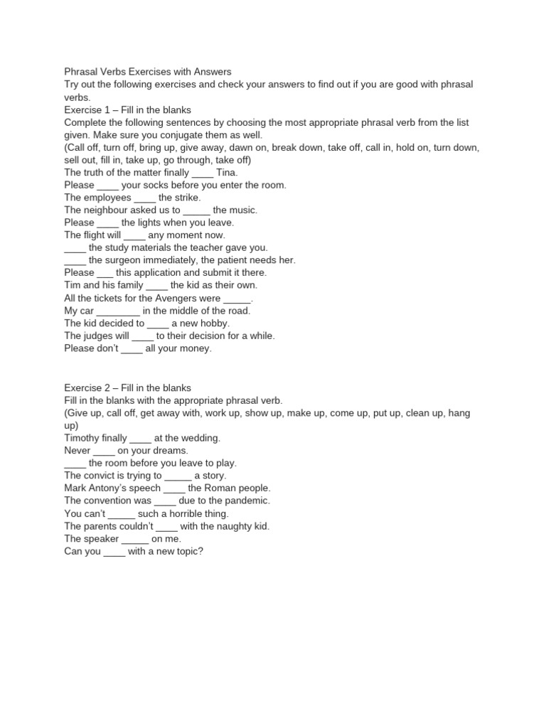 Phrasal Verbs Exercises with Answers | PDF
