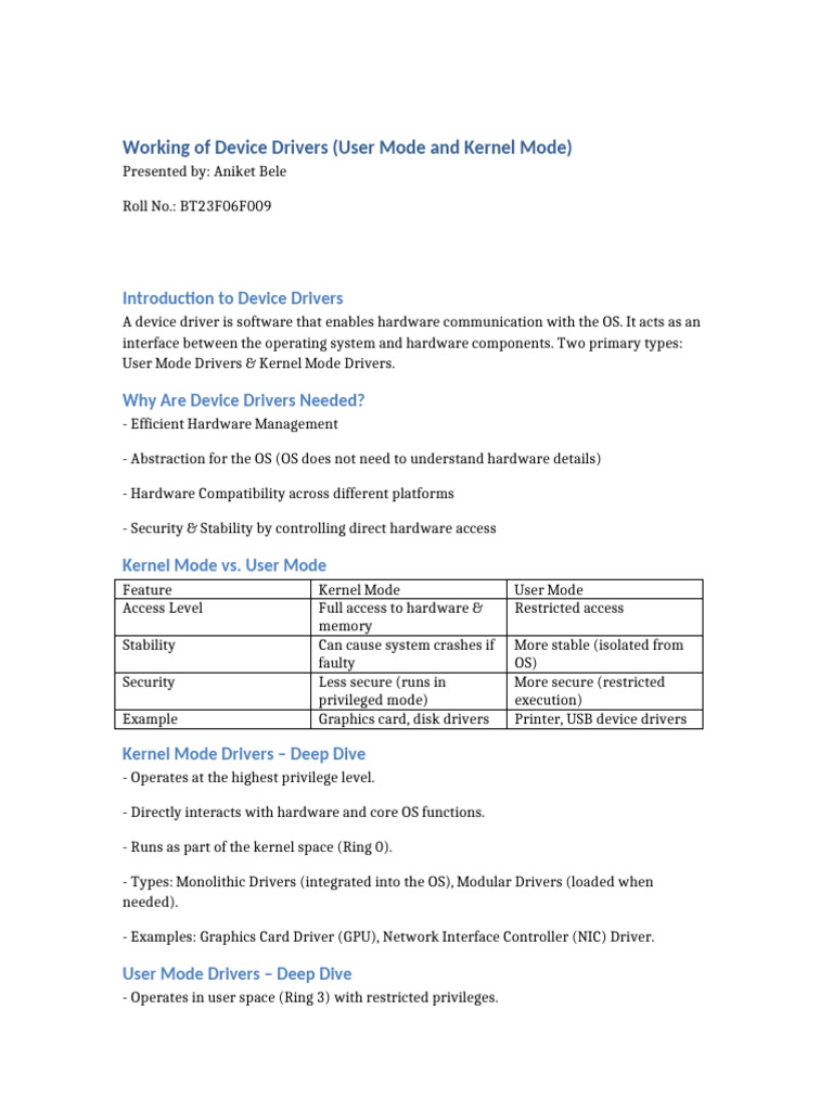 Understanding Device Drivers: User vs Kernel | PDF | Device Driver ...