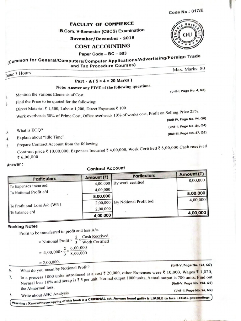 Cost Accounting 2018 Model Paper | PDF
