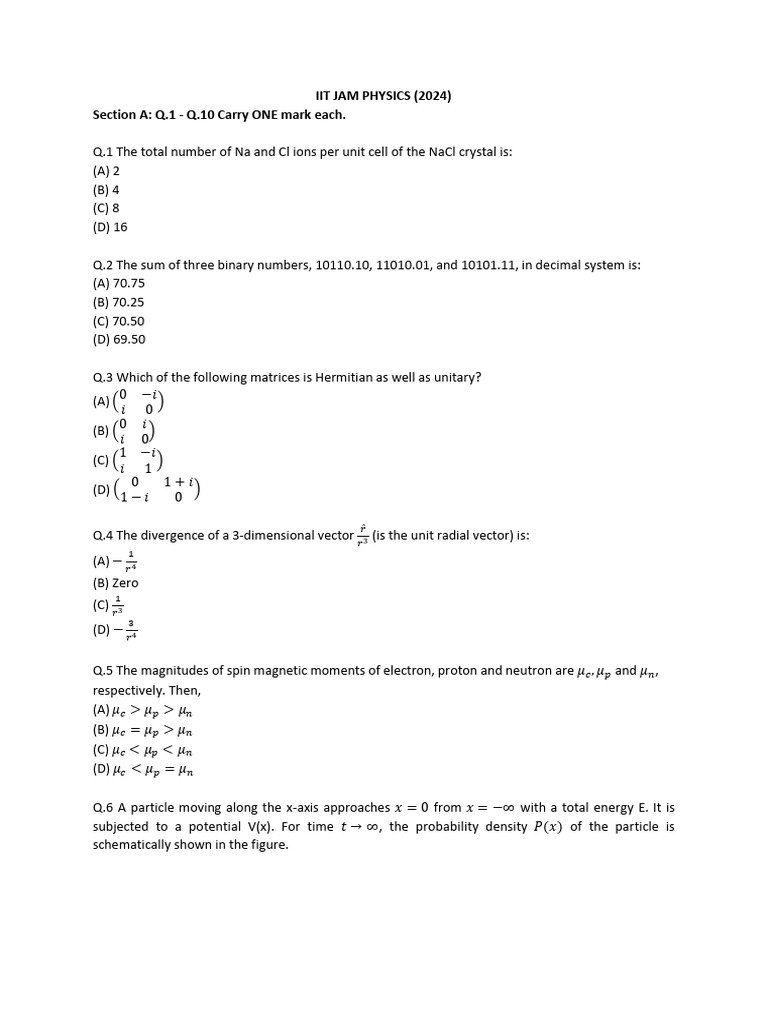 IIT JAM Physics 2024 Question Paper | PDF | Electronvolt | Physics