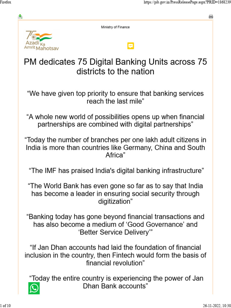 India Launches 75 Digital Banking Units | PDF | Banks | Financial Inclusion