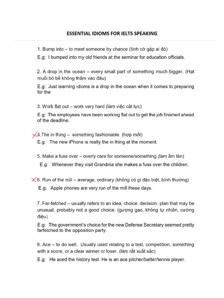 List of Essential Idioms For Speaking Band 7.0 | PDF