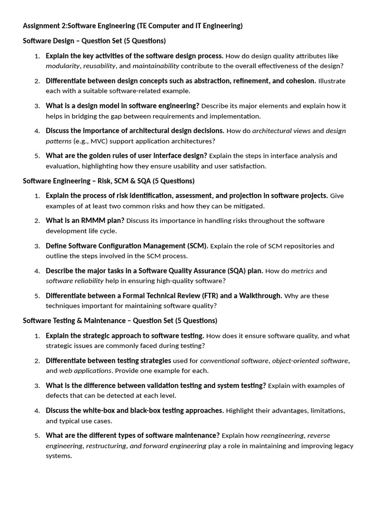 Software Engineering Assignment Questions | PDF | Software Quality ...