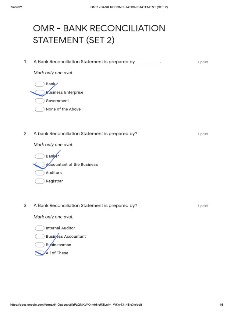 Bank Reconciliation Statement Quiz | PDF | Cheque | Debits And Credits
