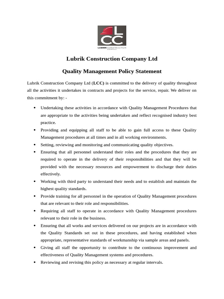 Lubrik Construction Quality Policy Statement | PDF