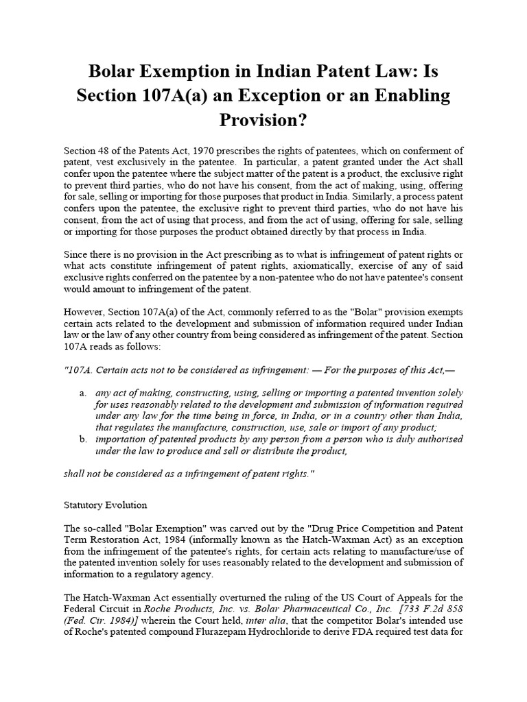 Bolar Exemption in Indian Patent Law | PDF