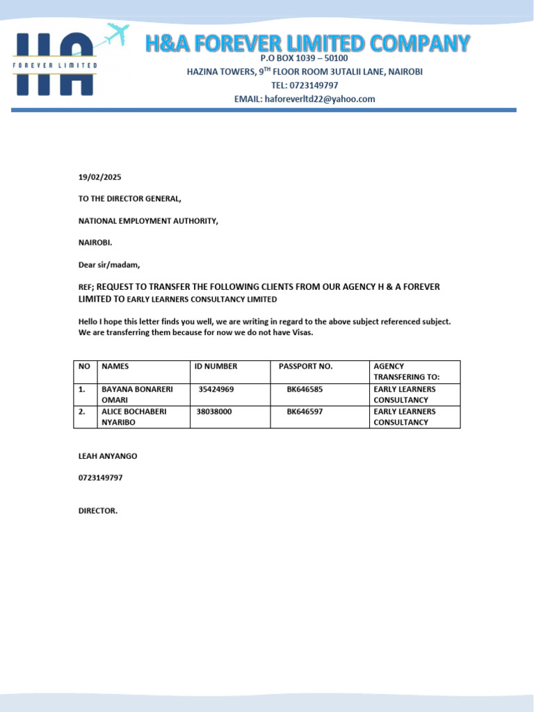 Client Transfer Request to NEA | PDF