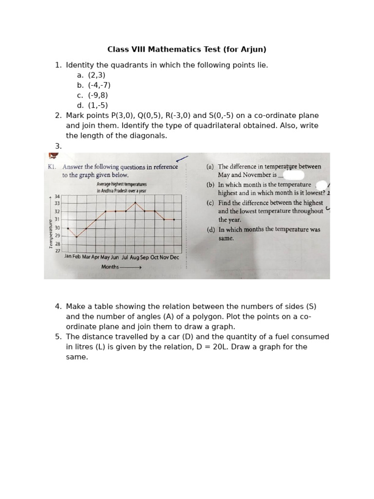 Class VIII Math Test: Quadrants & Graphs | PDF