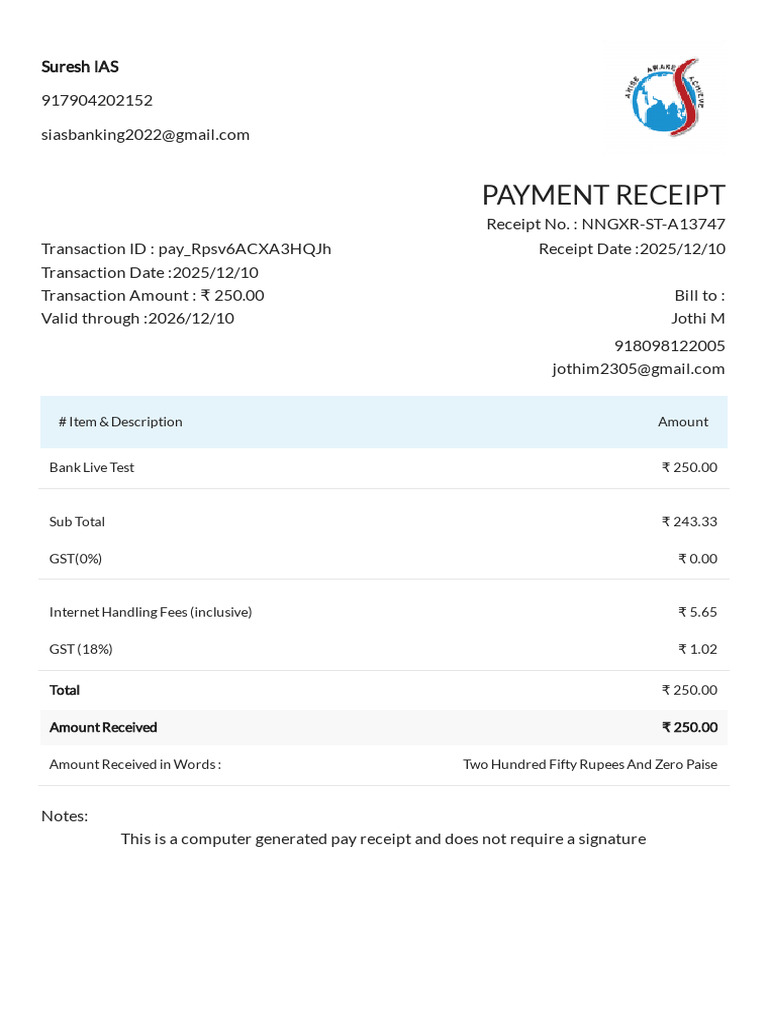 Payment Receipt for Bank Live Test | PDF