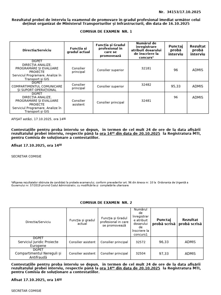 Rezultate Proba Interviu 17 Octombrie 2025 | PDF
