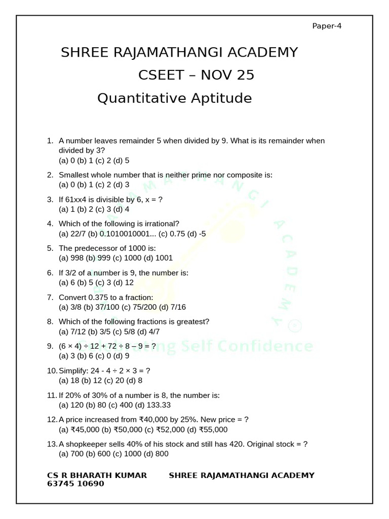 CSEET Quantitative Aptitude Questions | PDF