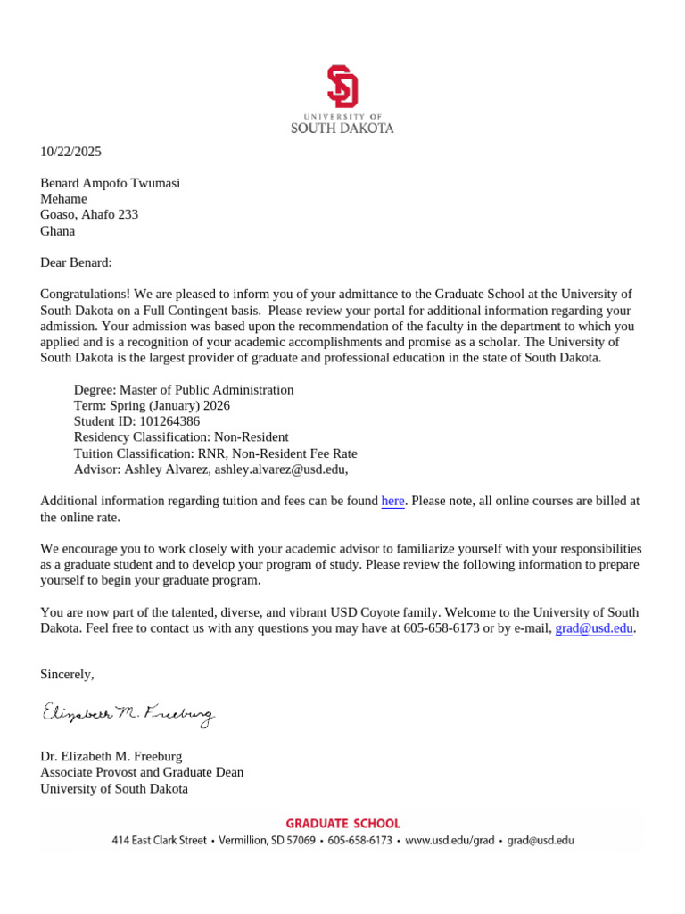 Admittance to USD Graduate Program | PDF